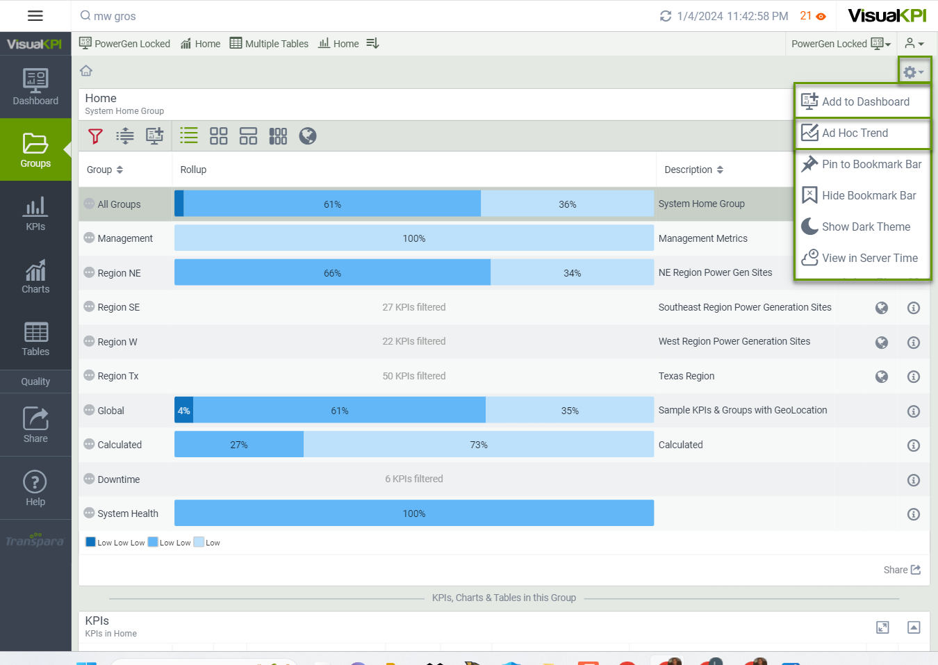 Analytics option menu